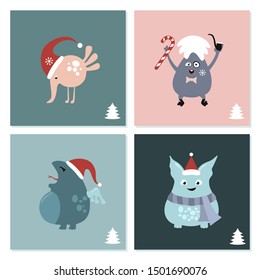 Cute winter holidays monsters set. Funny fantasy creatures