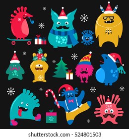 Cute winter holidays monsters set. Funny fantasy creatures, colorful