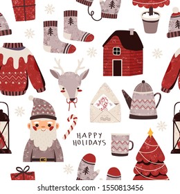 Cute winter holidays seamless pattern with santa, reindeer, christmass tree, gifts, sweater and festive socks. Vector festive pattern design for fabric, textile, wrapping paper, cards and posters. 