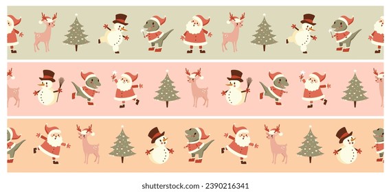 Cute Winter Holidays Seamless Vector Pattern with Snowman, Santa Claus, Dinosaur, Christmas Tree and Deer isolated on a Pastel Pink, Coral and Dusty Green Background ideal for Washi Tape, Ribbon. Rgb.