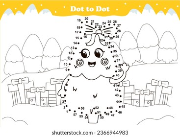 Cute winter holidays themed dot to dot game for kids with christmas tree character with bow, printable worksheet