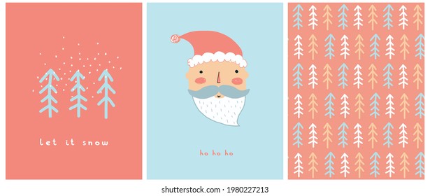 Cute Winter Holidays Vector Card with Christmas Tree and Santa Claus on a Red and Blue Backgrounds. Simple Seamless Vector Pattern with Abstract Christmas Trees. Handwritten Ho ho ho and Let it Snow. 