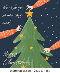 Cute Winter Holidays Vector Card with Hand Drawn Christmas Tree and Yellow Stars On A Dark Blue Background. Cozy Xmas Card with Warm Wishes. Hands In Red Sweaters Decorating Christmas Tree. RGB.