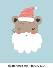 Cute Winter Holidays Vector Illustration with Funny Santa Claus Bear. Hand Drawn Bear in the Red Woolen Cap and Fake White Beard Isolated on a Pastel Blue Background. Infantile Style Christmas Card.