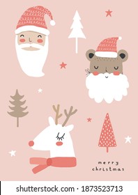 Cute Winter Holidays Vector Illustration and Funny White Reindeer   Christmas Trees  Hand Drawn Deer  Santa Claus   Bear Isolated Pastel Pink Background  Infantile Style Christmas Card 