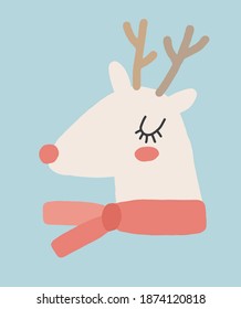 Cute Winter Holidays Vector Illustration with Funny White Reindeer. Hand Drawn Deer with Gold Antlers and Red Nose Isolated on a Pastel Blue Background. Infantile Style Christmas Card.