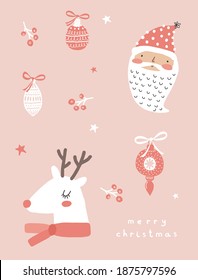 Cute Winter Holidays Vector Illustration with Funny White Reindeer and Christmas Tree Decorations. Hand Drawn Deer and Santa Claus Isolated on a Pastel Pink Background. Infantile Style Christmas Card.