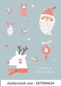 Cute Winter Holidays Vector Illustration with Funny White Reindeer and Christmas Tree Decorations. Hand Drawn Deer and Santa Claus Isolated on a Pale Blue Background. Infantile Style Christmas Card.