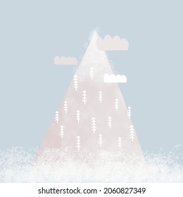 Cute Winter Holidays Vector Illustration with Snowy Montain Covered by Trees and Fluffy Clouds on a Pastel Blue Background. Infantile Style Nursery Art ideal for Wall Art, Poster, Christmas Card. 