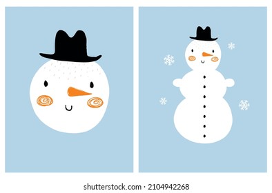 Cute Winter Holidays Vector Illustration with Funny Smiling Snowman Isolated on a Light Blue Background. Infantile Style Winter Season Print Ideal for Card, Wall Art, Christmas Decoration.