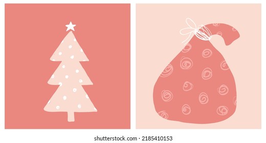 Cute Winter Holidays Vector Illustration Set with Hand Drawn Red Santa Claus' Gift Bag and Simple Dotted Christams Tree. Infantile Style Christmas Holidays Print ideal for Card, Wall Art, Poster.