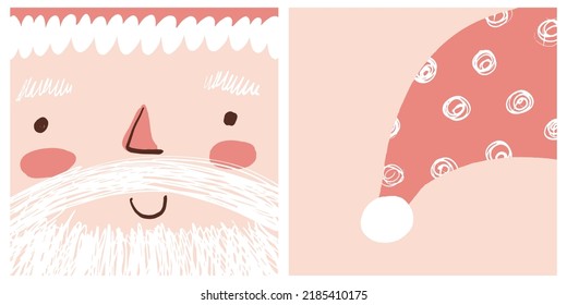 Cute Winter Holidays Vector Illustration Set with Kawaii Style Hand Drawn Santa Claus Simling Face and Red Dotted Santa Hat. Infantile Style Christmas Holidays Print ideal for Card, Wall Art, Poster.