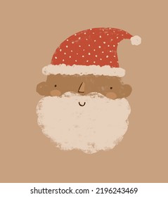 Cute Winter Holidays Vector Illustration with Brown Skin Santa Claus. Santa Claus Head on a Light Brown Background. Crayon Drawing Style Christmas Print ideal for Card, Poster, Wall Art, Decoriation. 