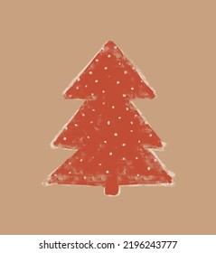 Cute Winter Holidays Vector Illustration with Christmas Tree. Red Dotted Pine Tree on a Light Brown Background. Crayon Drawing Style Christmas Print ideal for Card, Poster, Wall Art, Decoriation. 