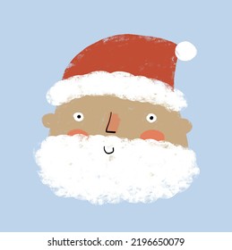 Cute Winter Holidays Vector Illustration with Santa Claus in a Red Hat. Santa Claus Head on a Light Blue Background. Crayon Drawing Style Christmas Print ideal for Card, Poster, Wall Art, Decoriation.