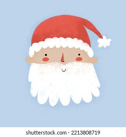 Ilustración vectorial de vacaciones de invierno con Santa Claus en un Sombrero Rojo. Feliz Papá Noel con un fondo azul pastel. Diseño de dibujos de cartón estilo Navidad Impresión ideal para la decoración de tarjetas, afiches, paredes de arte y navidad.