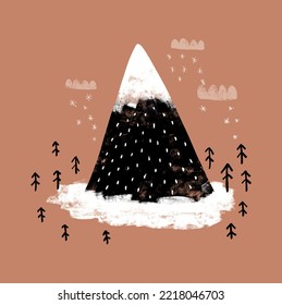 Cute Winter Holidays Vector Illustration with Snowy Landscape. Hand Drawn Pine Tree, Snowy Mountain, Clouds and Snow Isolated on a Brown Background. Infantile Style Christmas Card, Wall Art, Poster.