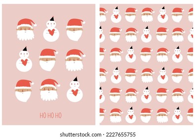 Cute Winter Holidays Vector Illustration and Seamless Pattern with Happy Santa Claus and Snowman on a Light Pink Background. Hand Drawn Christmas Print with Funny Santa and Handwritten "ho ho ho".