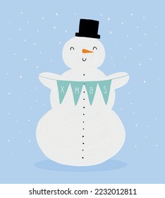 Cute Winter Holidays Vector Illustration with Happy Snowman Holdinf Garland with Wishes on a Light Blue Background. Hand Drawn Christmas Print with Funny Snowman in a Black Hat and Handwritten "Xmas".