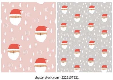 Cute Winter Holidays Vektor Nahtloses Muster mit glücklichem Weihnachtsmann auf pastellrosa und grauem Hintergrund. Handgezeichnete Weihnachtsdrucke mit Funny Santa in einem roten Wollhut und handgeschriebener "ho ho ho ho".