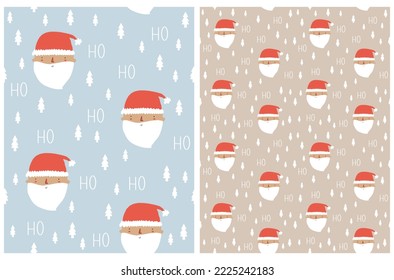 Cute Winter Holidays Vector Seamless Pattern with Happy Santa Claus on a Pastel Blue and Beige Background. Hand Drawn Christmas Print with Funny Santa in a Red Woolen Hat and Handwritten "ho ho ho".