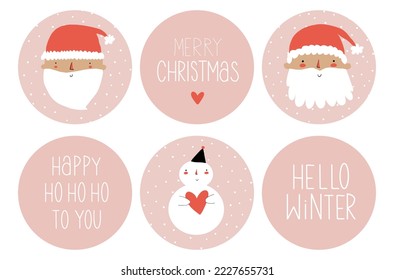 Cute Winter Holidays Vector Stickers with Happy Santa Claus and Snowman on a Pastel Pink Background. Hand Drawn Round Shape Christmas Tags. Handwritten "ho ho ho","Merry Christmas" and "Hello Winter".