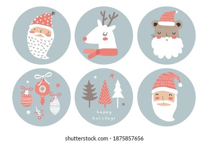 Cute Winter Holidays Vector Tags with Funny White Reindeer, Santa Claus and Baubles, Christmas Trees Isolated on a Pale Blue Background. Infantile Style Hand Drawn Christmas Decorations. 