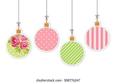 Cute winter holidays vintage background with Christmas balls in shabby chic style hanging on strings, can be used as greeting card, sale banner, promo flyer etc