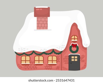 Cute Winter House decorated with decorations, cartoon illustration