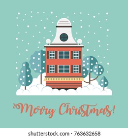 Cute winter house during snowfall. Vector illustration