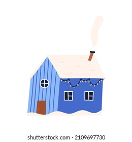 Cute winter house with lights garland and snow on the roof, flat vector illustration isolated on white background. Simple and minimalist building for Christmas design.