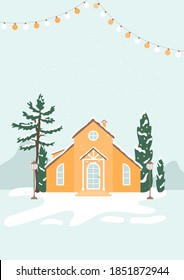 Cute winter house in snowy landscape. Template for greeting card, Christmas or New Year poster, banner, print for resort advertising. Suburban, vacation home in the forest. Light bulb and copy space