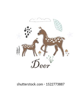 Cute Winter Icon with Deer. Hand Drawn Scandinavian Style. Vector Illustration