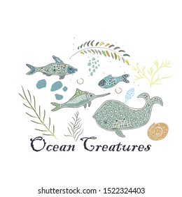 Cute Winter Icon with ocean fish and algae. Hand Drawn Scandinavian Style. Vector Illustration