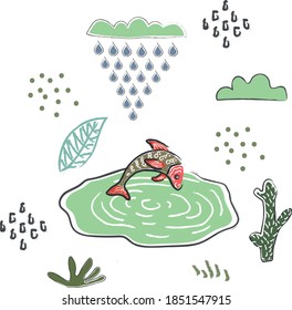 Cute Winter Icon with Pond. Hand Drawn Scandinavian Style. Vector Illustration
