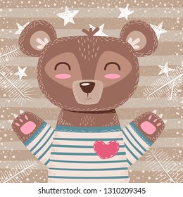 Cute winter illustration. Bear characters. Hand draw