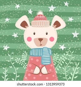 Cute winter illustration. Bear characters Han