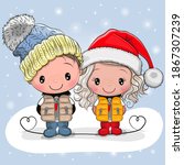 Cute winter illustration Cute Boy and Girl in hats and coats