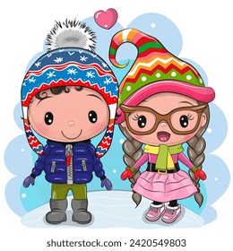 Cute winter illustration Cute Boy and Girl in hats and coats