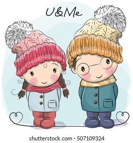 Cute winter illustration Cute Boy and Girl in hats and coats