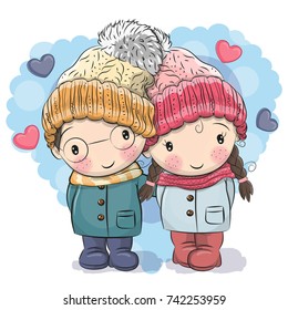 Cute winter illustration Cute Boy and Girl in hats and coats