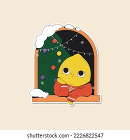 Cute winter illustration of lemon in sweater looking from snowy window. Decorated Christmas tree on the background. Holiday sticker pack.
