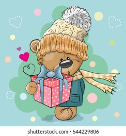 Cuidada ilustración de invierno Teddy Bear Boy en sombrero y abrigo con regalo