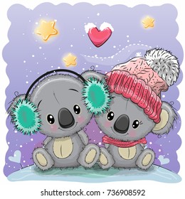 Cute winter illustration with two koalas in hats