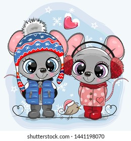 Cute winter illustration with two Mouses Boy and Girl in hats and coats