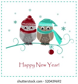 Cute winter illustration Two Owls Boy and Girl in hats and scarves. Vector greeting card