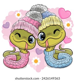 Ilustración de invierno lindo con dos serpientes niño y niña en sombreros y abrigos