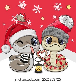 Cute winter illustration with two Snakes Boy and Girl in hats and scarf