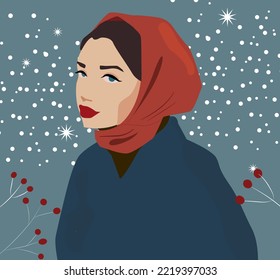 Cute winter illustration with a woman in a red handkerchief on a blue background with snowflakes and red berries. Suitable for New Year and Christmas. Warm winter or autumn clothes.