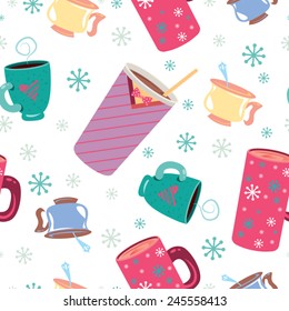Cute winter inspirational seamless pattern with cups of coffee and tea in vector.